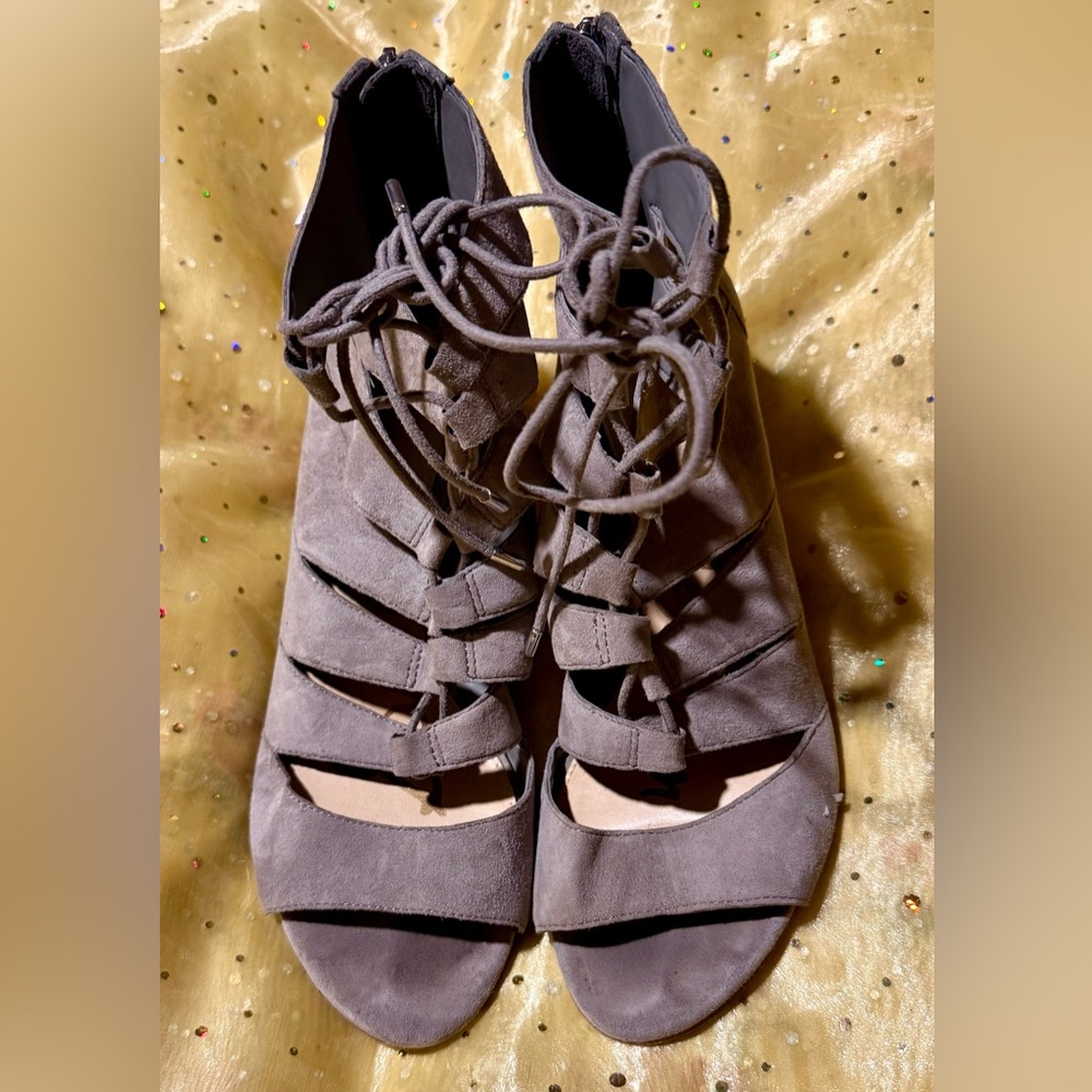 Sam Edelman Gray Suede * SANTINA* Open Toe Lace-Up Gladiator Wedge Sandals 8.5